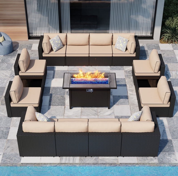 Walsunny 15 Pieces Patio Wicker Rattan Fire Pit Furniture Conversation Sets with Outdoor Sectional Sofa,45" Gas Propane Fire Pit Table,Glass Coffee Table