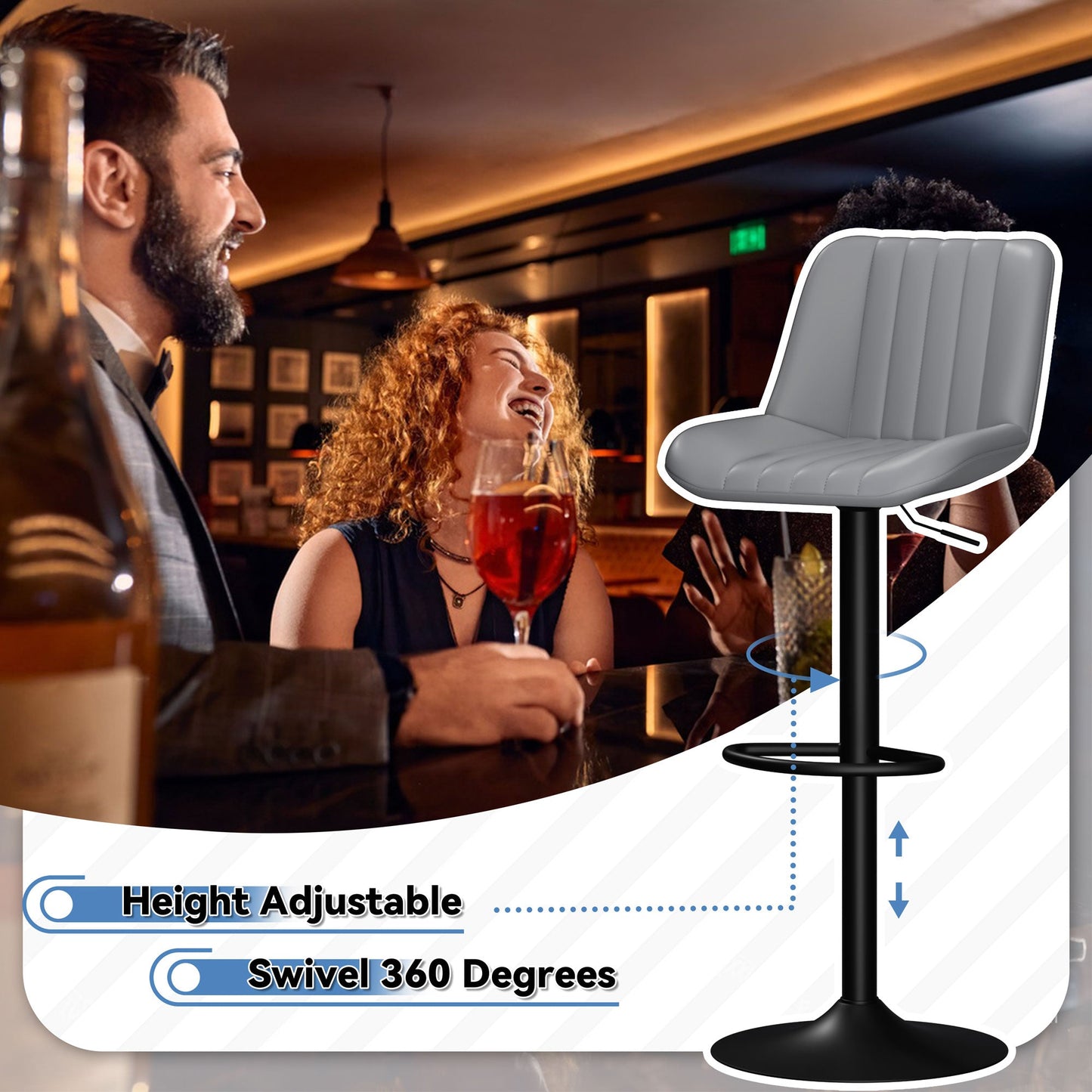 Walsunny Bar Stools Set of 2,Adjustable Leather Counter Height with High Backrest,Bar Chairs for Kitchen Island Dining,Room Bar