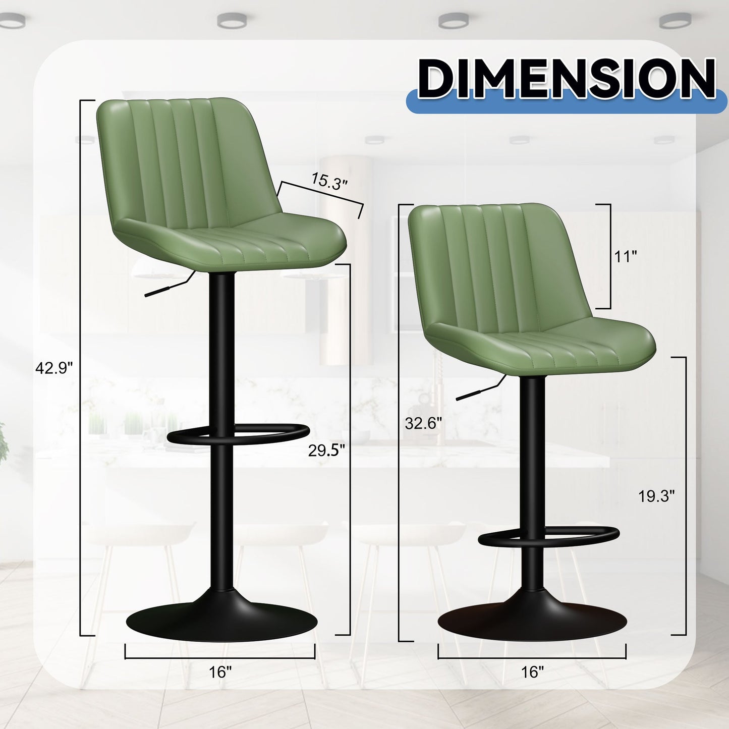 Walsunny Bar Stools Set of 2,Adjustable Leather Counter Height with High Backrest,Bar Chairs for Kitchen Island Dining,Room Bar