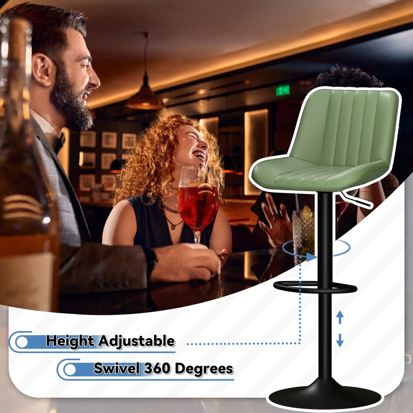 Walsunny Bar Stools Set of 2,Adjustable Leather Counter Height with High Backrest,Bar Chairs for Kitchen Island Dining,Room Bar