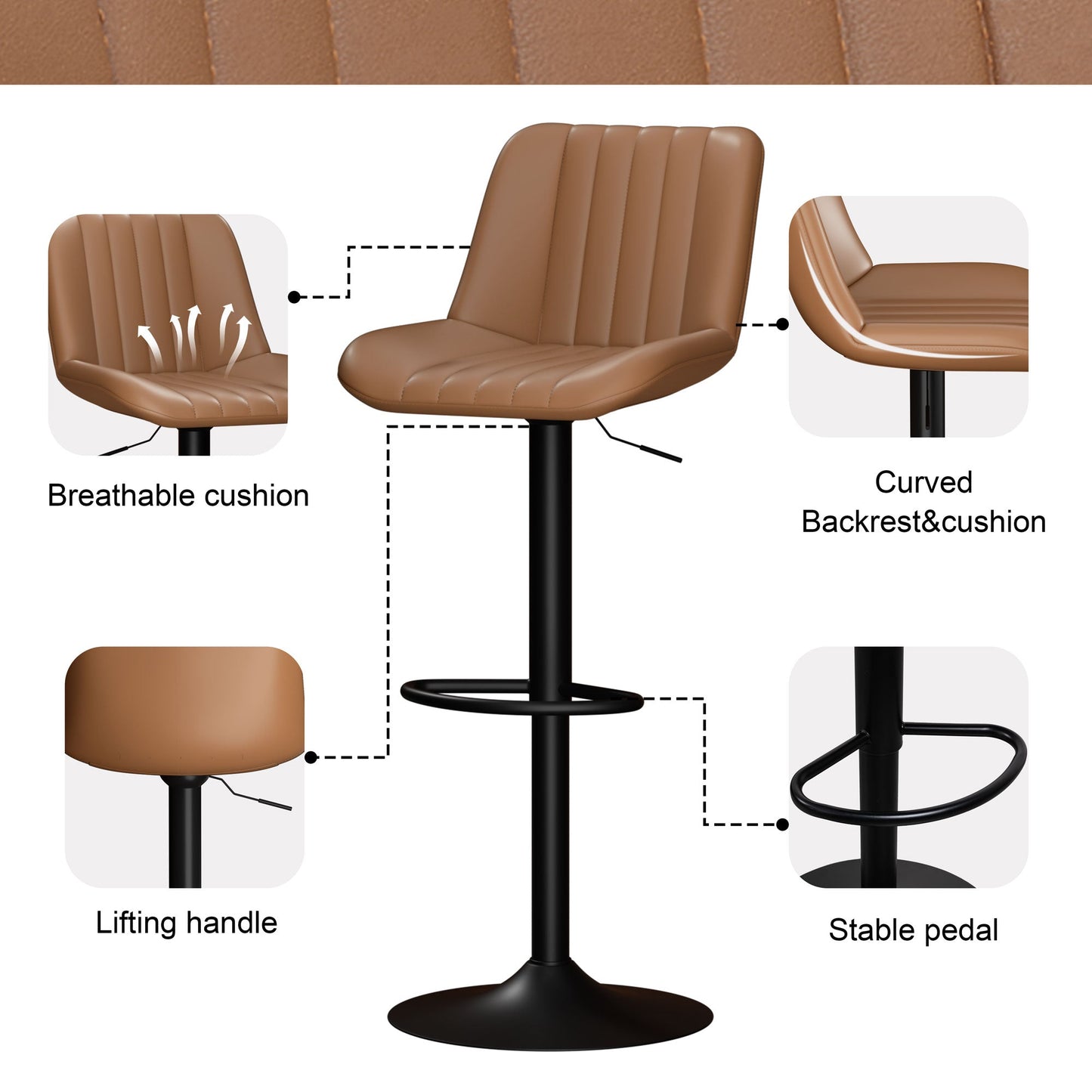 Walsunny Bar Stools Set of 2,Adjustable Leather Counter Height with High Backrest,Bar Chairs for Kitchen Island Dining,Room Bar