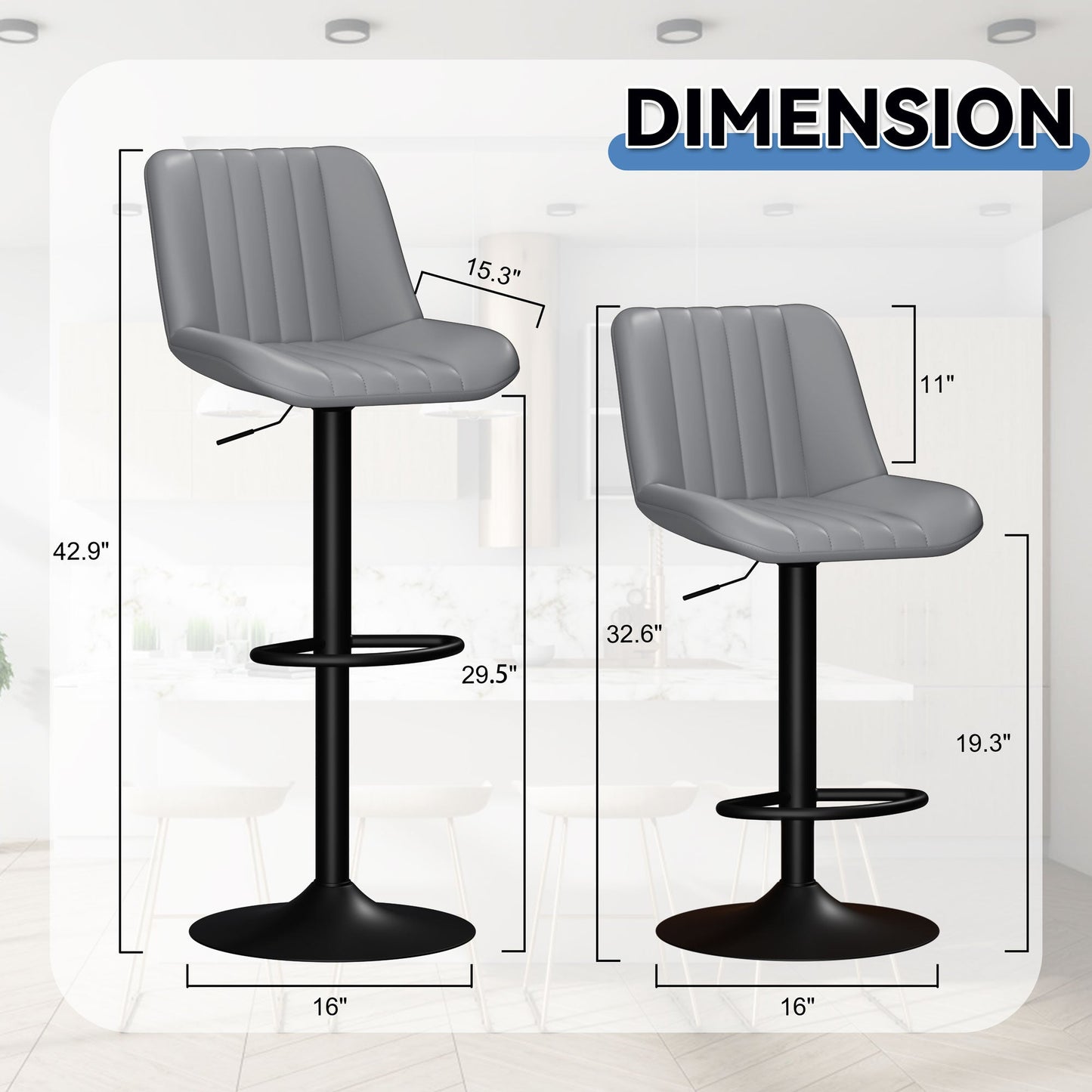 Walsunny Bar Stools Set of 2,Adjustable Leather Counter Height with High Backrest,Bar Chairs for Kitchen Island Dining,Room Bar