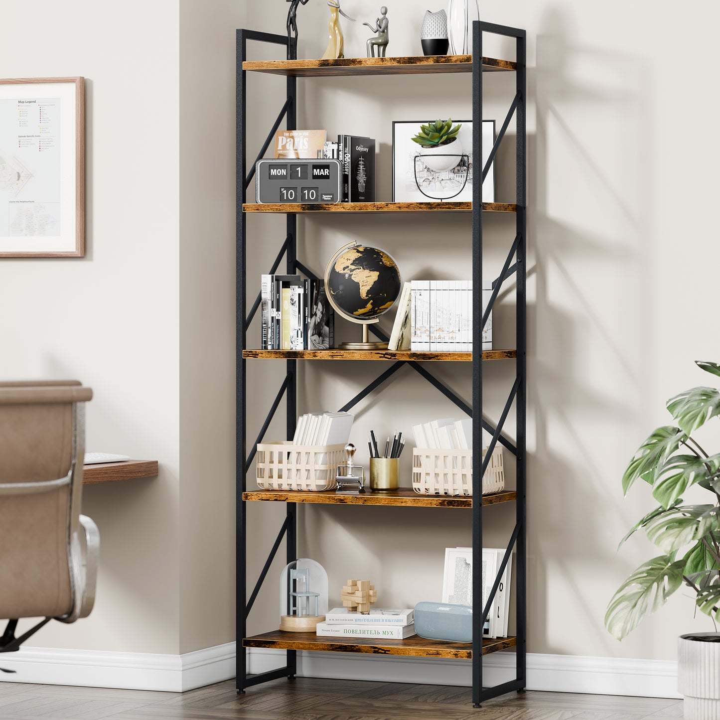 Walsunny Bookshelves Wooden Bookcases 5 Tiers H-Shaped Bookshelf with 5 Open Display Shelves