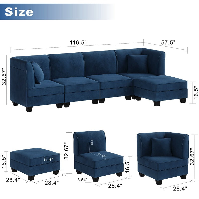 Walsunny Velvet 5 Pieces Modular Sectional Sofa L-Shaped Couch With Reversible Chaise