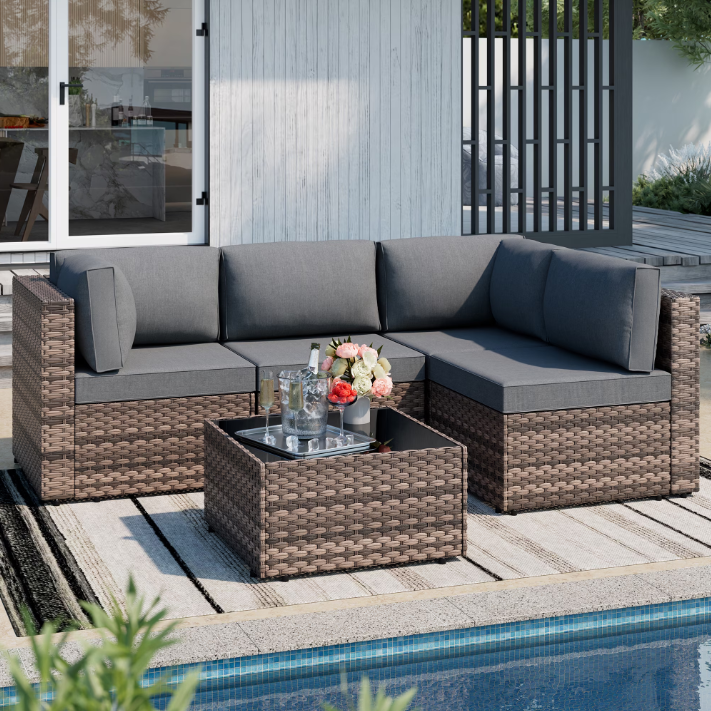 Walsunny Patio Furniture 5 Pieces Outdoor Sectional Sofa Set, Silver Wicker