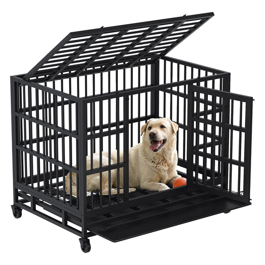 Heavy Duty Stainless Steel Dog Cage with Double Doors Enhanced Metal Pet Cage with Divider Panel & Removable Tray for Training Large Dog Indoor Outdoor , Black