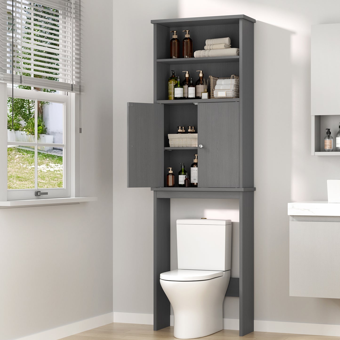 Walsunny Over The Toilet Storage Cabinet,Bathroom Adjustable Shelf Organizer with Open Bottom Bar and Anti-Tip Device White