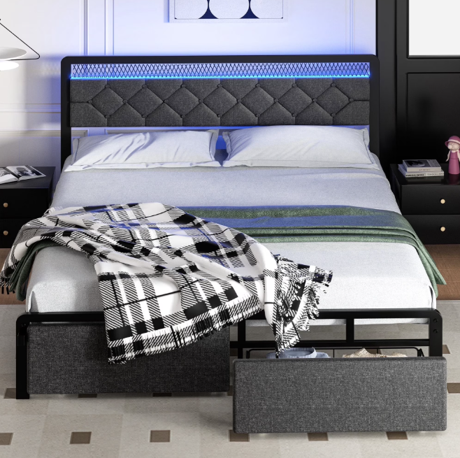 Walsunny Bed Frame with Led Light and Drawers Metal Platform Bed with Button Tufted Headboard Strong Metal Slats