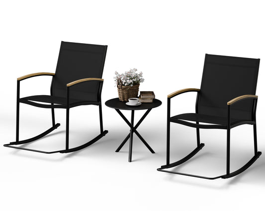Walsunny 3 Pieces Patio Set Outdoor Patio Furniture Sets Modern Rocking Bistro Set Textilene Chair Conversation Sets Black