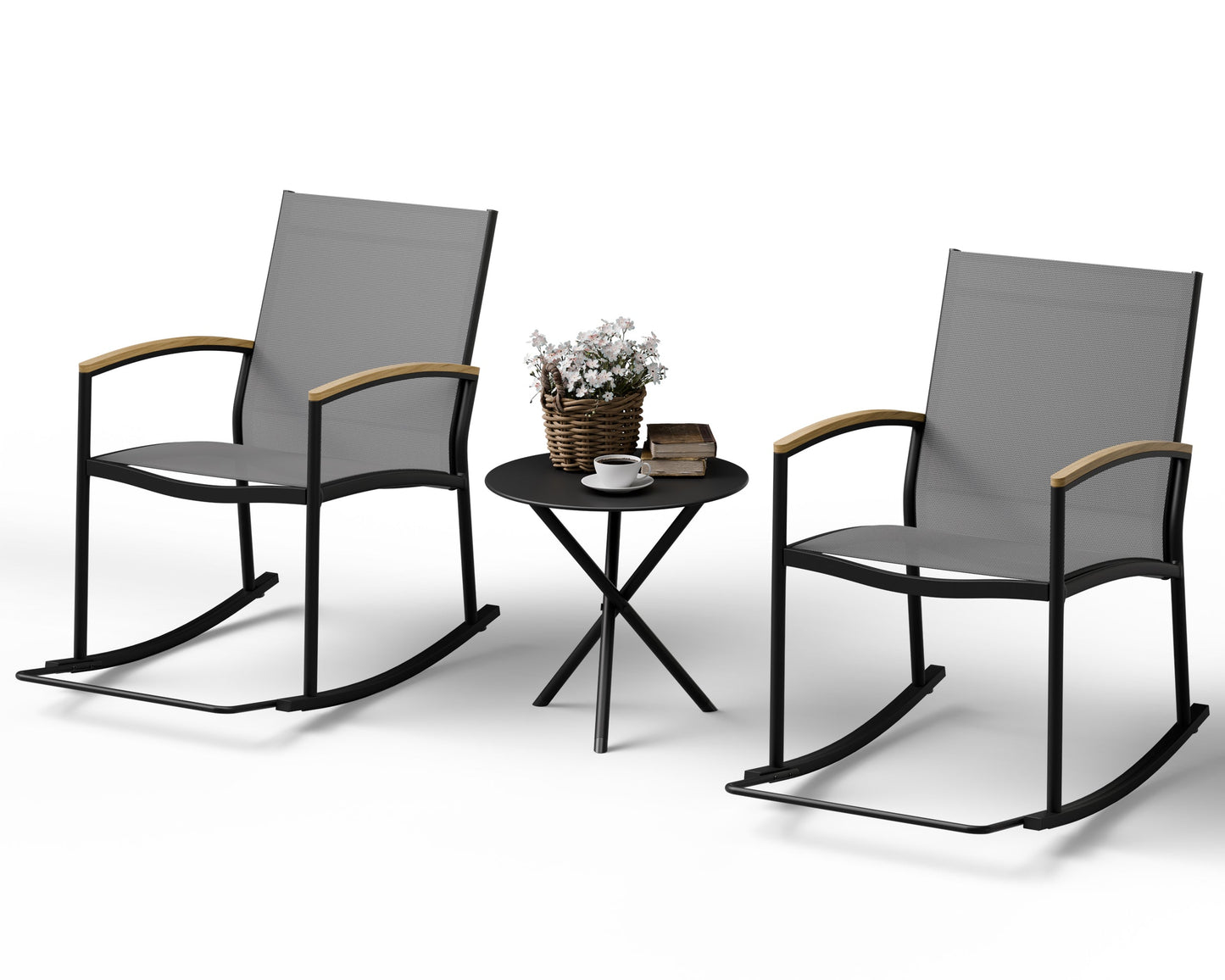 Walsunny 3 Pieces Patio Set Outdoor Patio Furniture Sets Modern Rocking Bistro Set Textilene Chair Conversation Sets Black