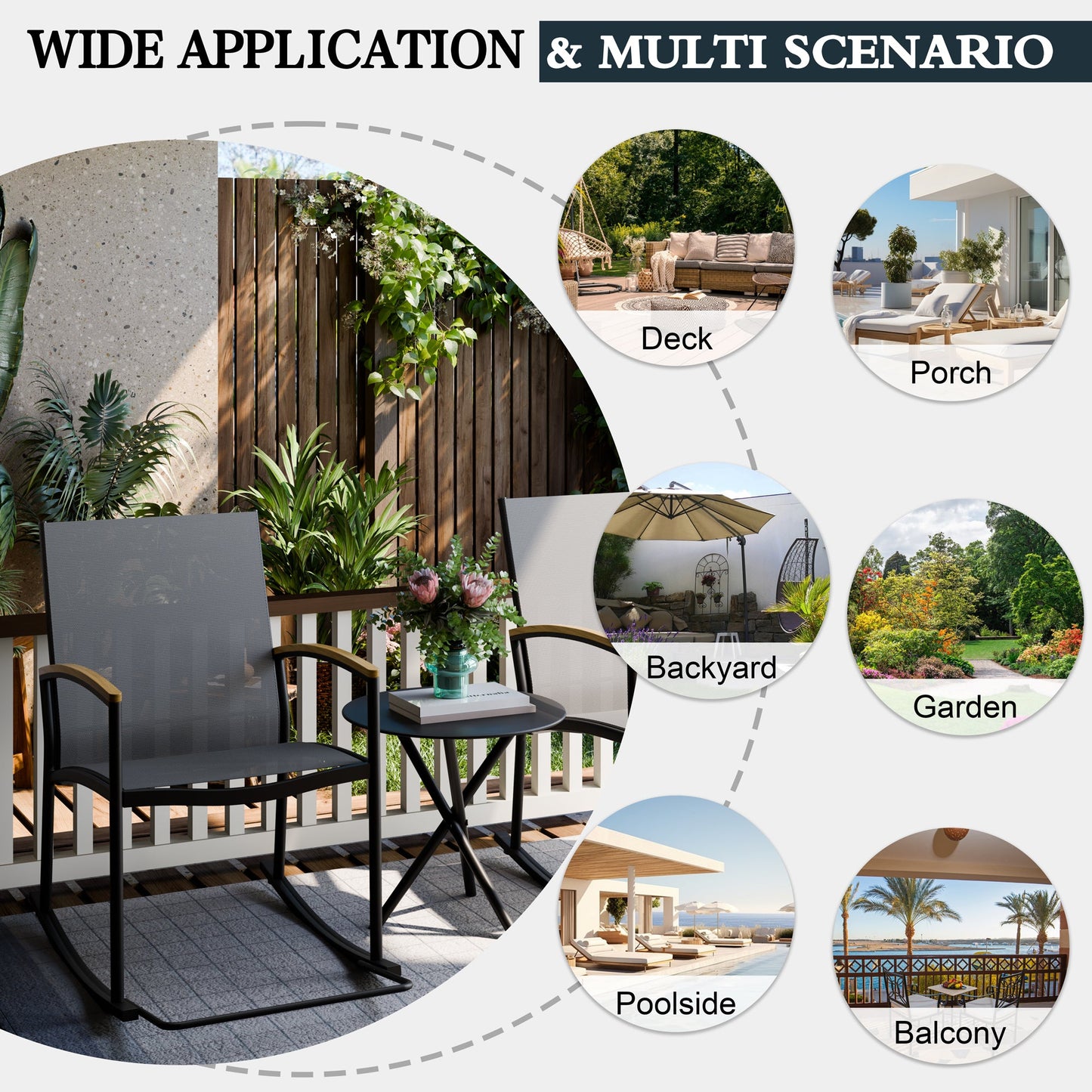 Walsunny 3 Pieces Patio Set Outdoor Patio Furniture Sets Modern Rocking Bistro Set Textilene Chair Conversation Sets Black