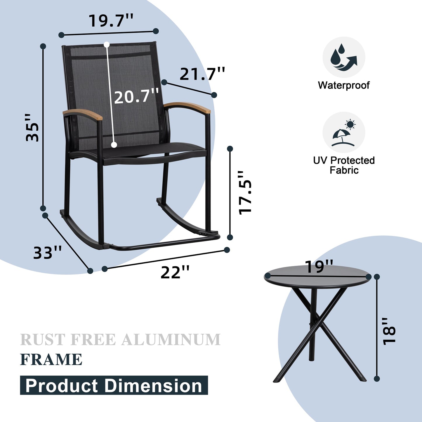 Walsunny 3 Pieces Patio Set Outdoor Patio Furniture Sets Modern Rocking Bistro Set Textilene Chair Conversation Sets Black
