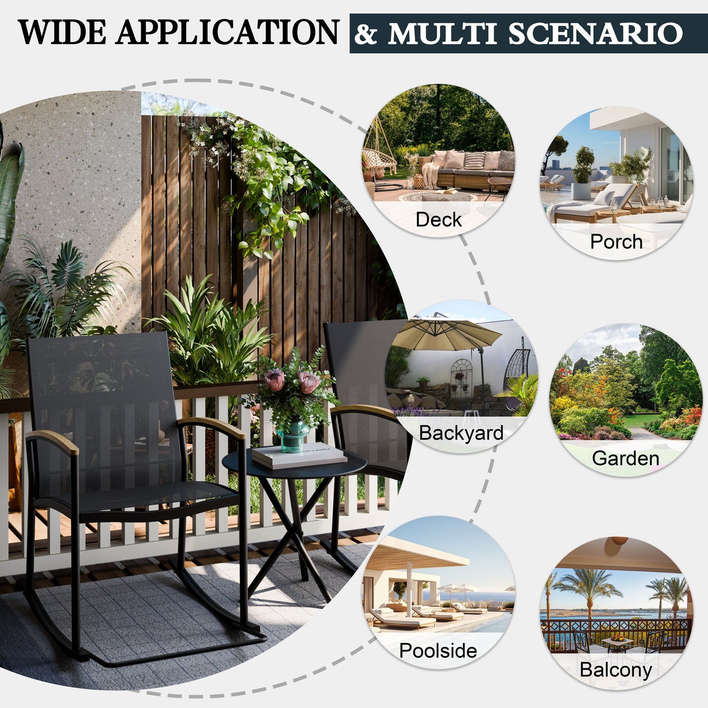 Walsunny 3 Pieces Patio Set Outdoor Patio Furniture Sets Modern Rocking Bistro Set Textilene Chair Conversation Sets Black