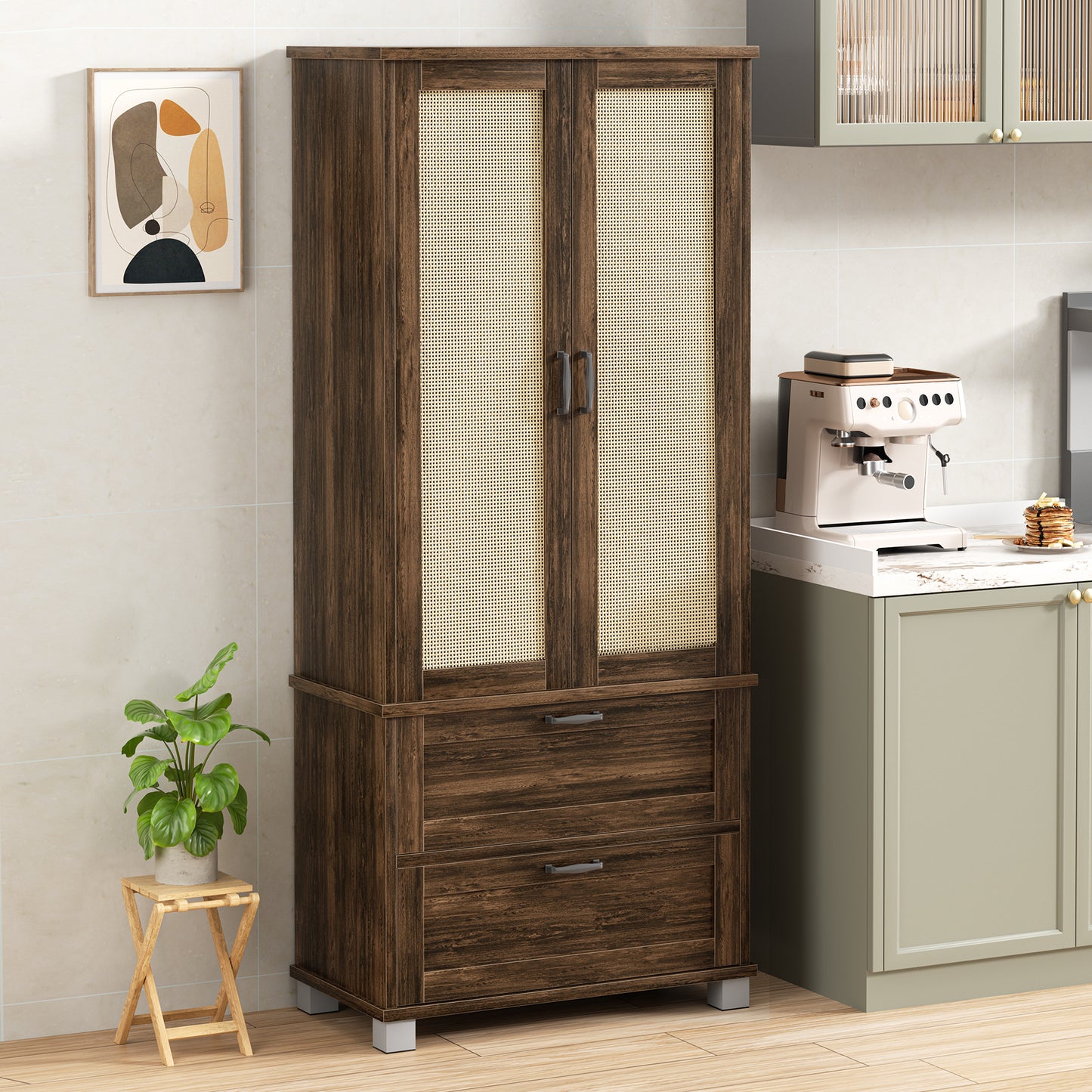 Walsunny 64" kitchen Pantry Cabinet with Rattan Doors and 2 Drawers, Freestanding Tall Storage Cabinet with Wine Rack Rattan Pantry Brown