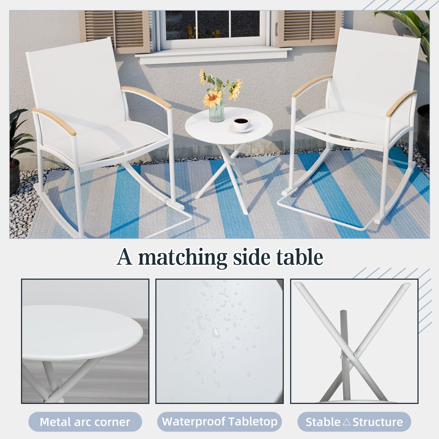 Walsunny 3 Pieces Patio Set Outdoor Patio Furniture Sets Modern Rocking Bistro Set Textilene Chair Conversation Sets Black