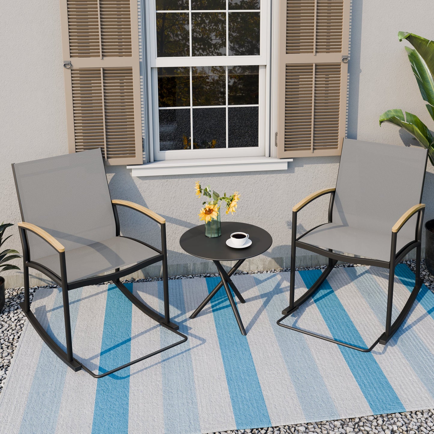 Walsunny 3 Pieces Patio Set Outdoor Patio Furniture Sets Modern Rocking Bistro Set Textilene Chair Conversation Sets Black