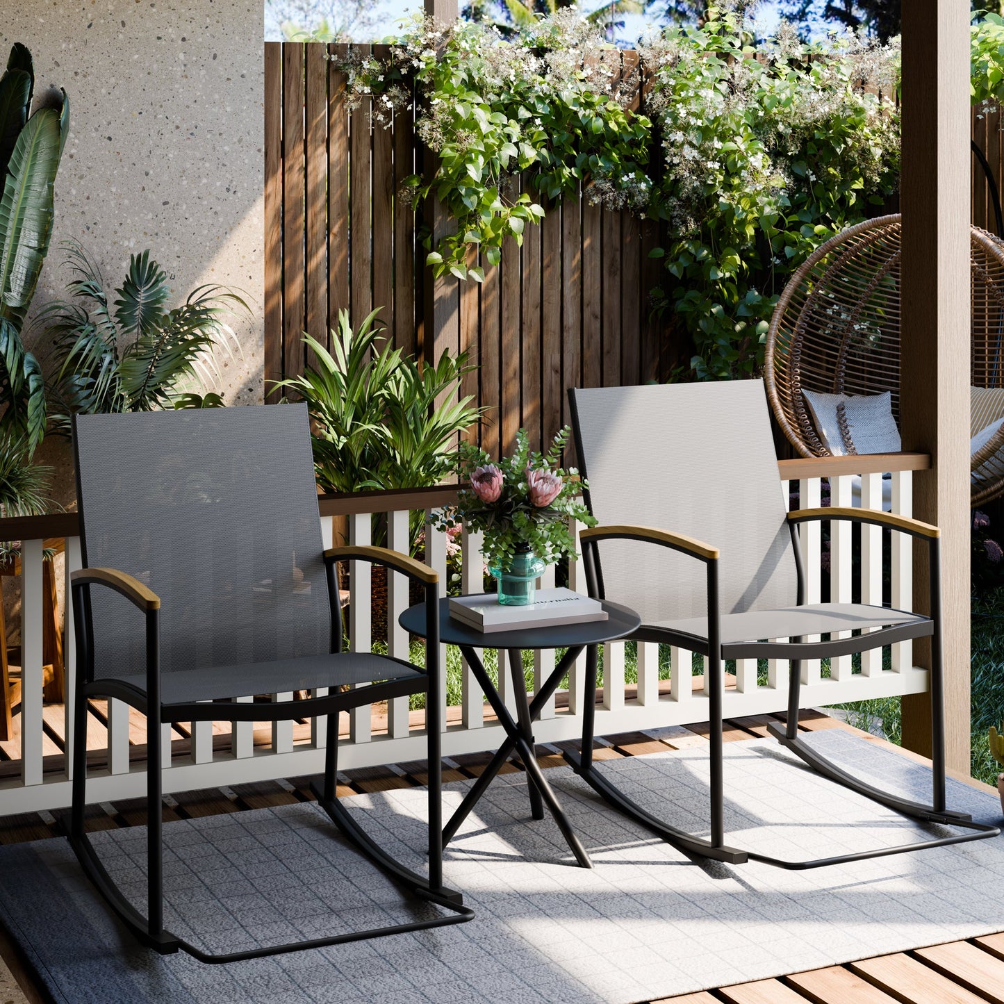 Walsunny 3 Pieces Patio Set Outdoor Patio Furniture Sets Modern Rocking Bistro Set Textilene Chair Conversation Sets Black
