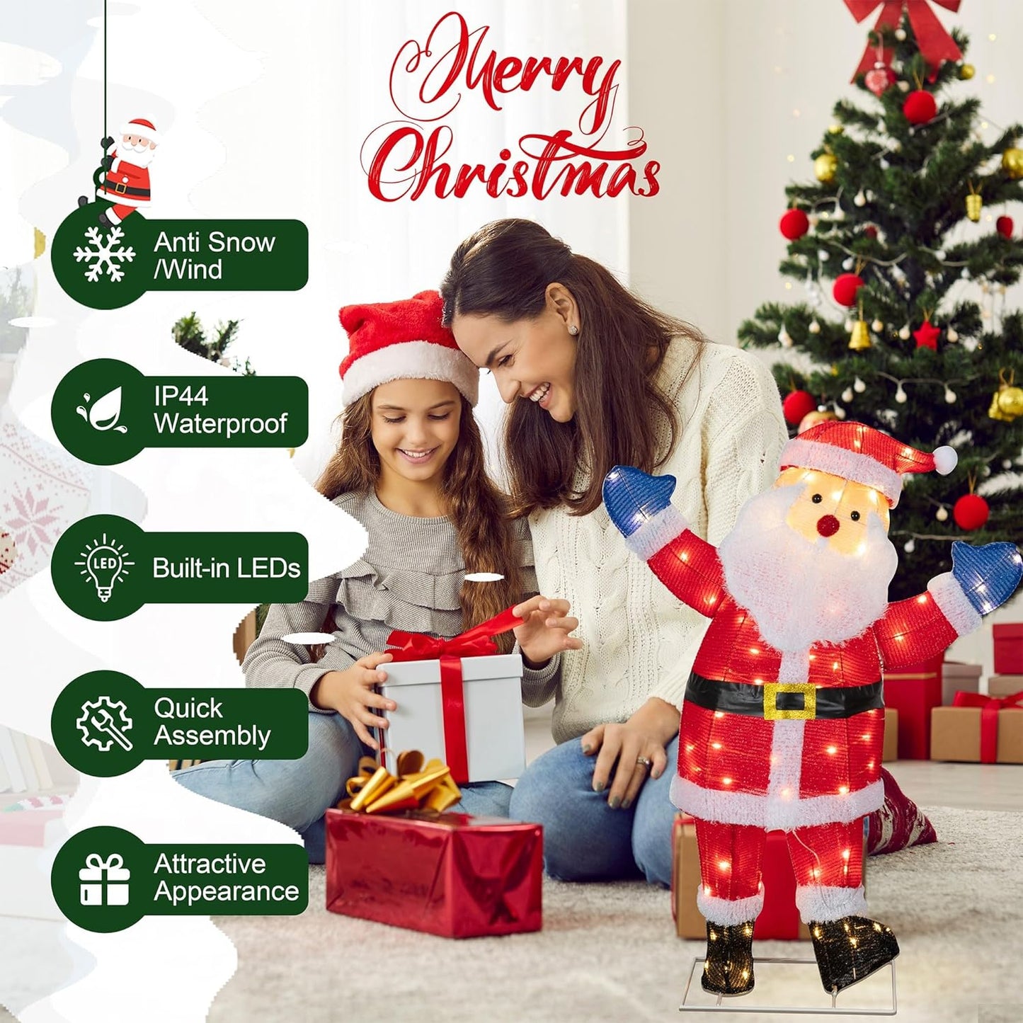 Walsunny Christmas Standing Santa Claus 3D Super Large Lighted Holiday Displays Family Set