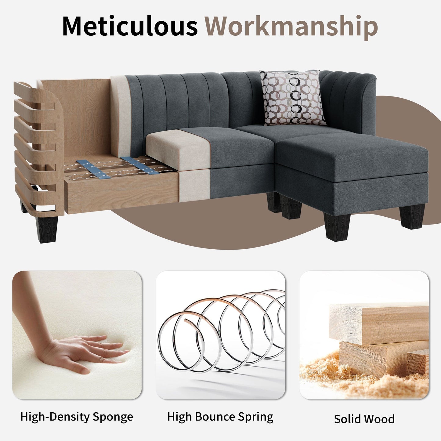 Walsunny 3 Seat L Shaped Sofa with High Armrest Upgraded Convertible Sectional Sofa
