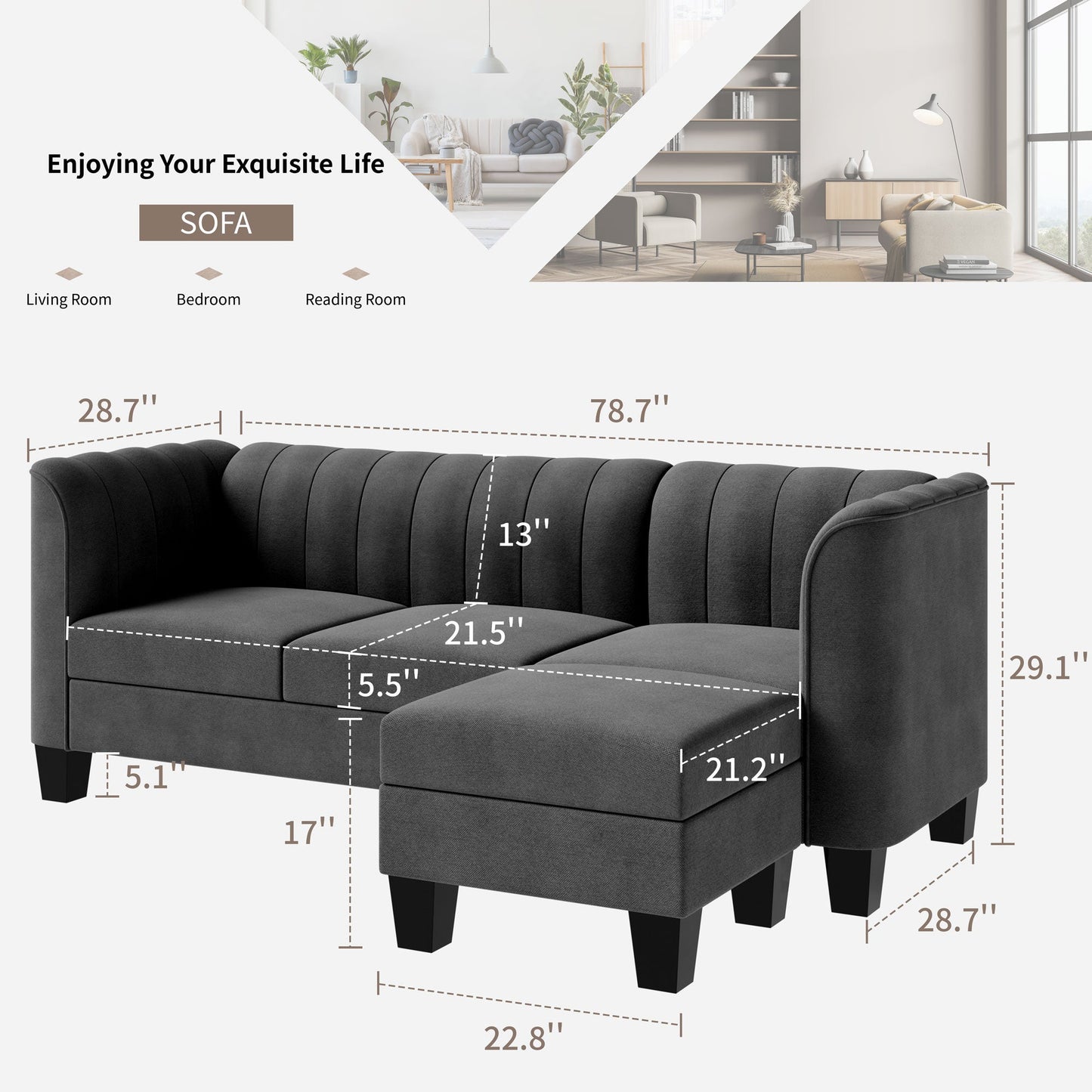Walsunny 3 Seat L Shaped Sofa with High Armrest Upgraded Convertible Sectional Sofa