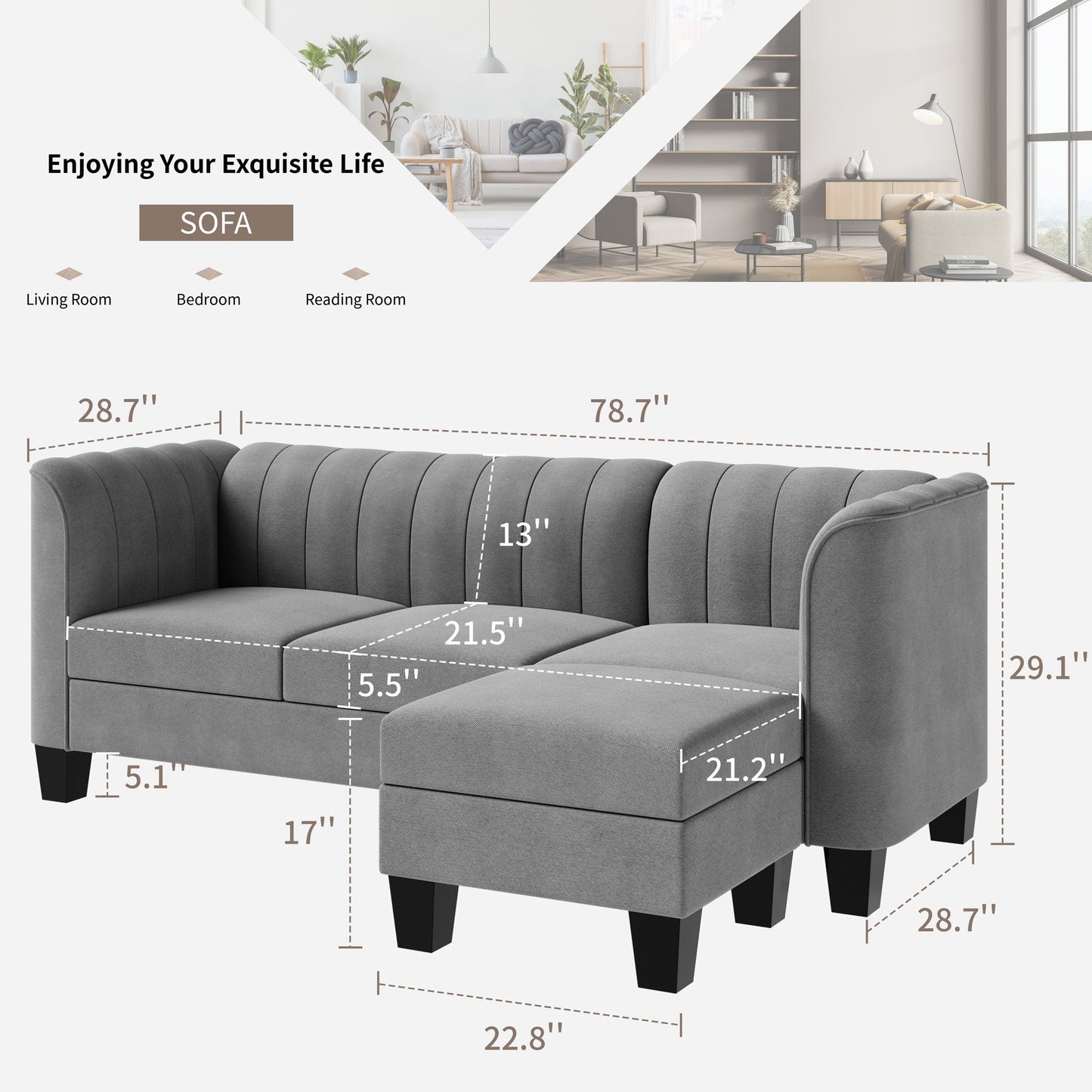 Walsunny 3 Seat L Shaped Sofa with High Armrest Upgraded Convertible Sectional Sofa