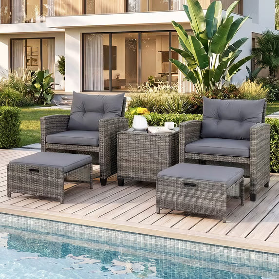Walsunny 5 Piece Patio Furniture Set, Outdoor Wicker Furniture Set with Ottomans, PE Rattan Patio Conversation Set with Lounge Chairs, Coffee Table & Cushion for Porch, Backyard, Balcony, Blue