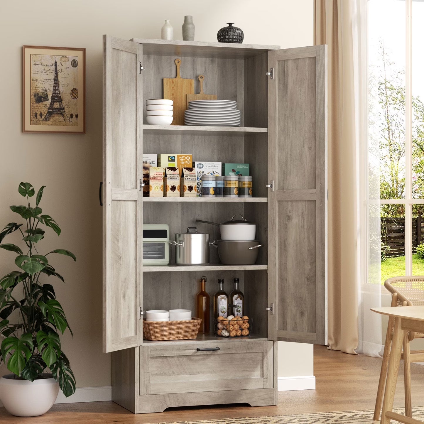 Walsunny 65" Kitchen Pantry Cabinet Freestanding Farmhouse Storage Cabinet with 4 Shelves and 1 Drawer Tall Cupboard White