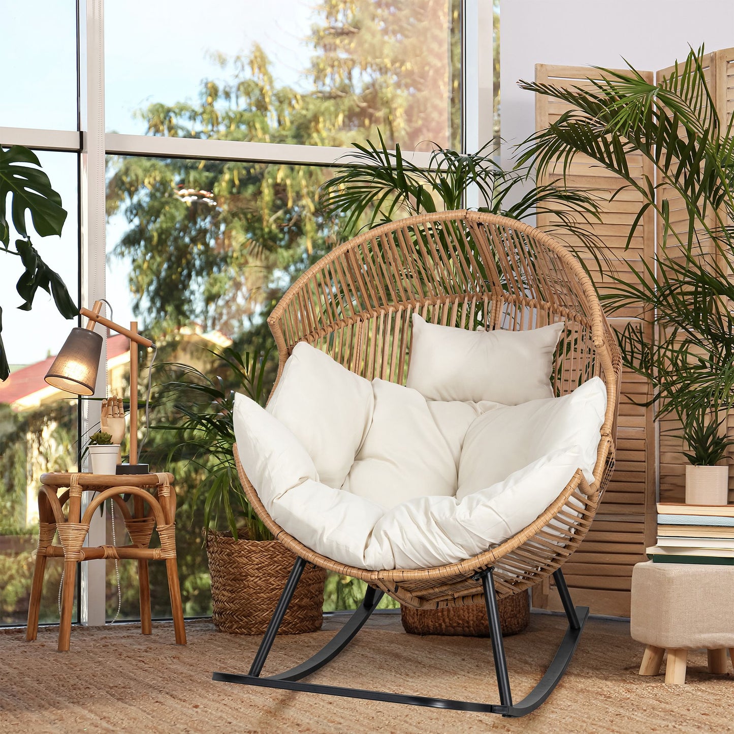 Walsunny Egg Chair Outdoor Wicker Patio Chair Oversized Lounger Chair with Cushion Egg Basket Chair for Indoor Outside Balcony Backyard Beige