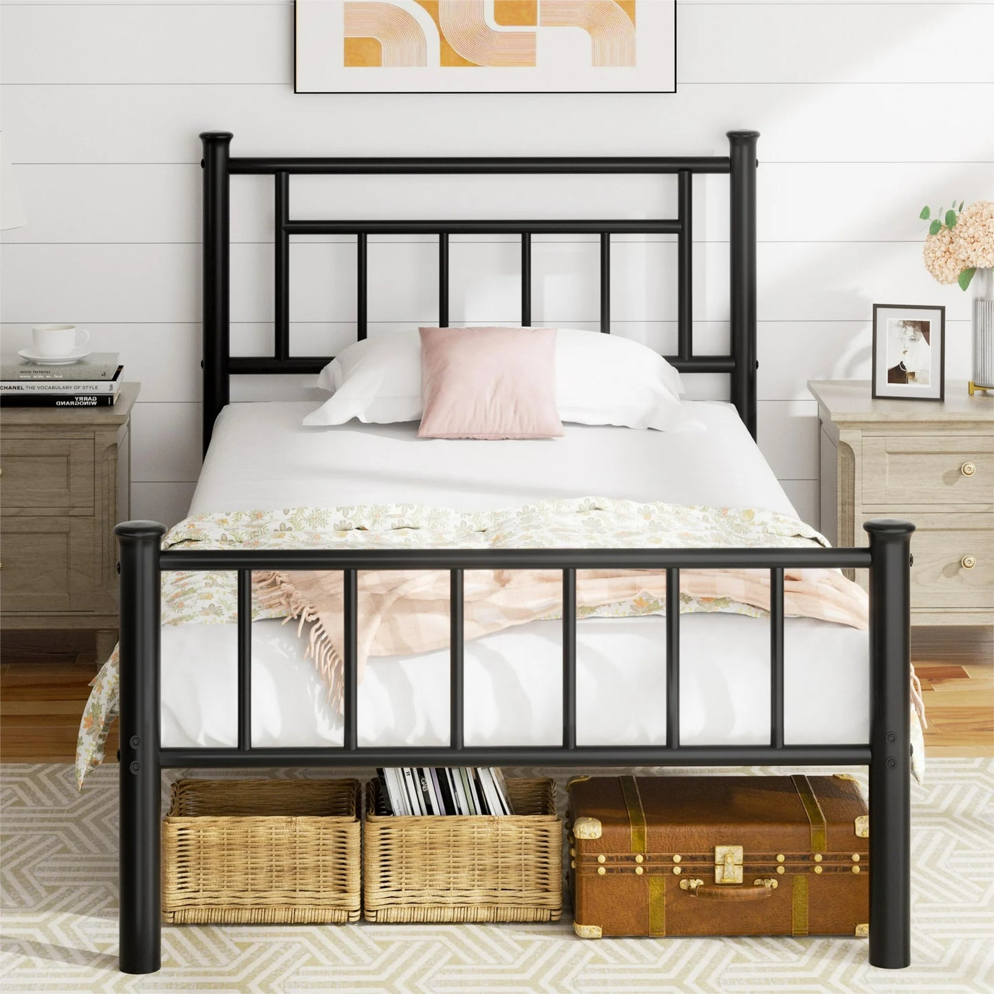 Walsunny Twin Size Metal Platform Bed Frame with Headboard and Footboard, No Box Spring Needed, Easy Assembly Anti-Slip Support