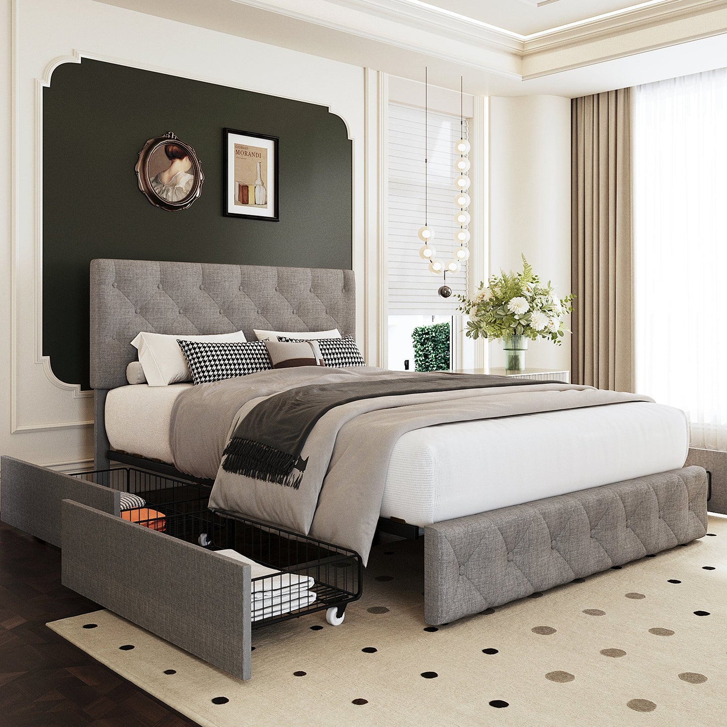 Walsunny Bed Frame with 4 Storage Drawee, Platform Bed with Upholstered Modern Geometric Lines Headboard, Solid Wood Slats Support