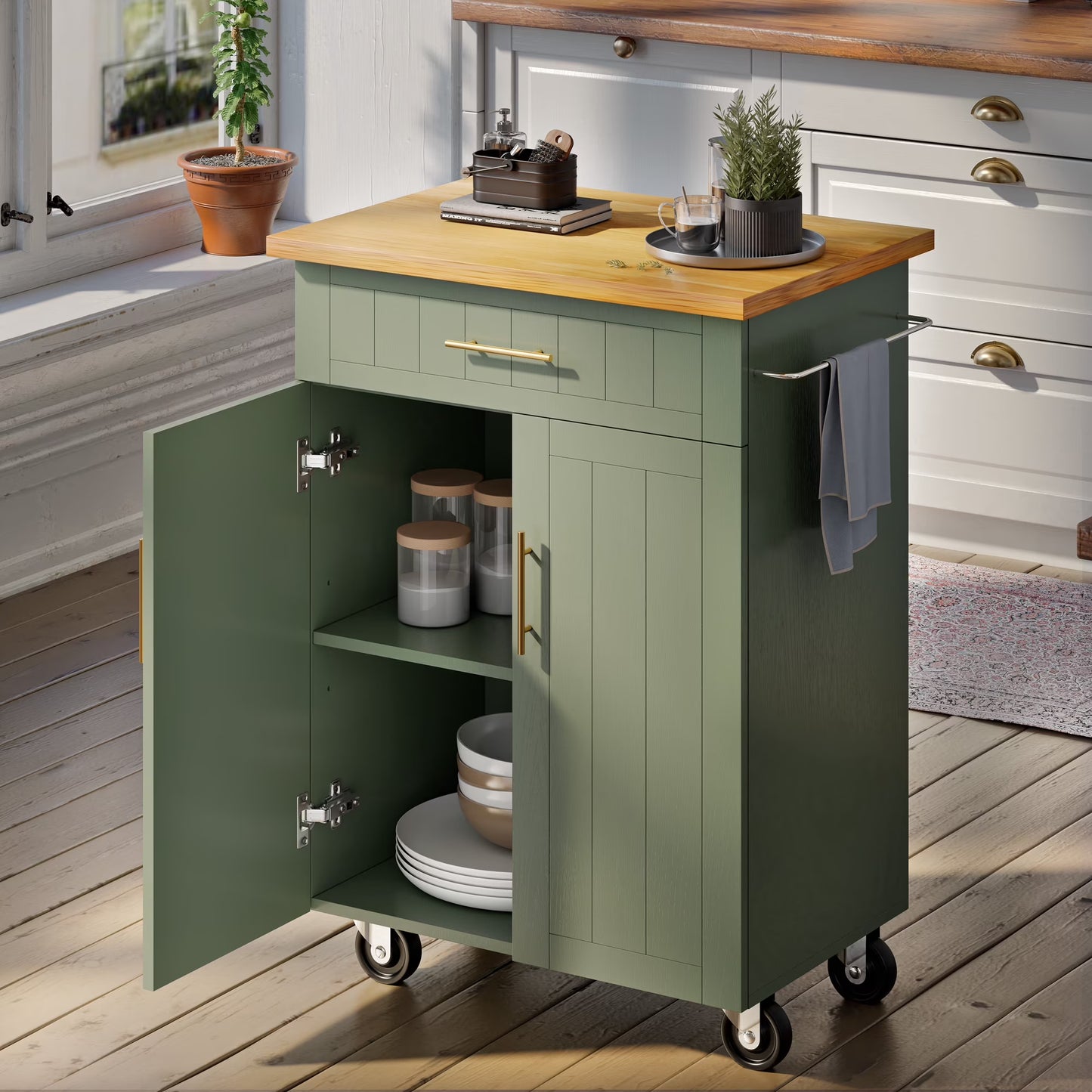 Walsunny Kitchen Island Cart on Wheels, Kitchen Cart with Drawer and Countertop, 2 Doors Storage Cabinet for Dining Room Living Room, Black