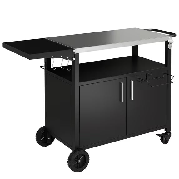 Walsunny Outdoor Grill Cart with Storage Cabinet, Outdoor Kitchen Island on Wheels, BBQ Grill Prep Table Movable Patio Storage Counter Foldable Tabletop, Black