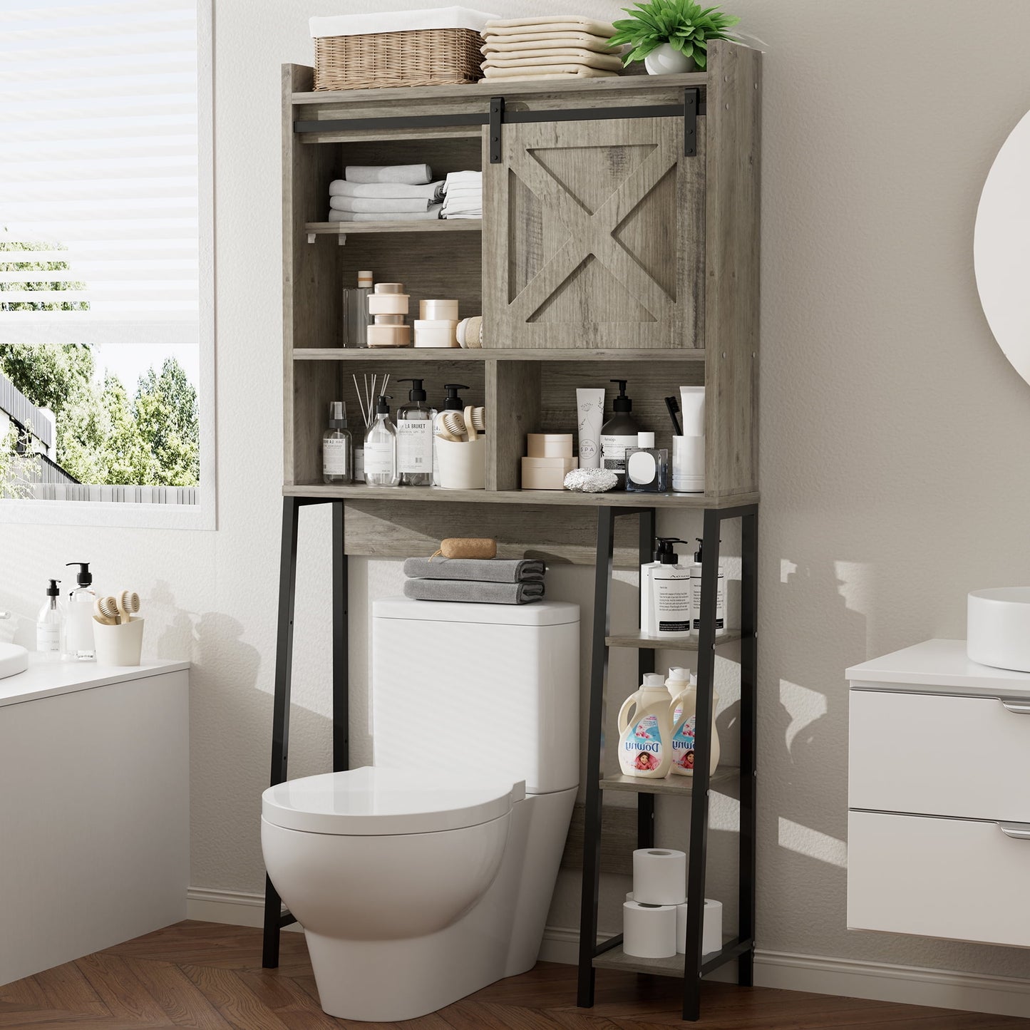 Walsunny Over The Toilet Storage Cabinet,Toilet Organizer Rack, Bathroom Shelf Over Toilet Cabinet with Sliding Door for Restroom, Laundry, Gray
