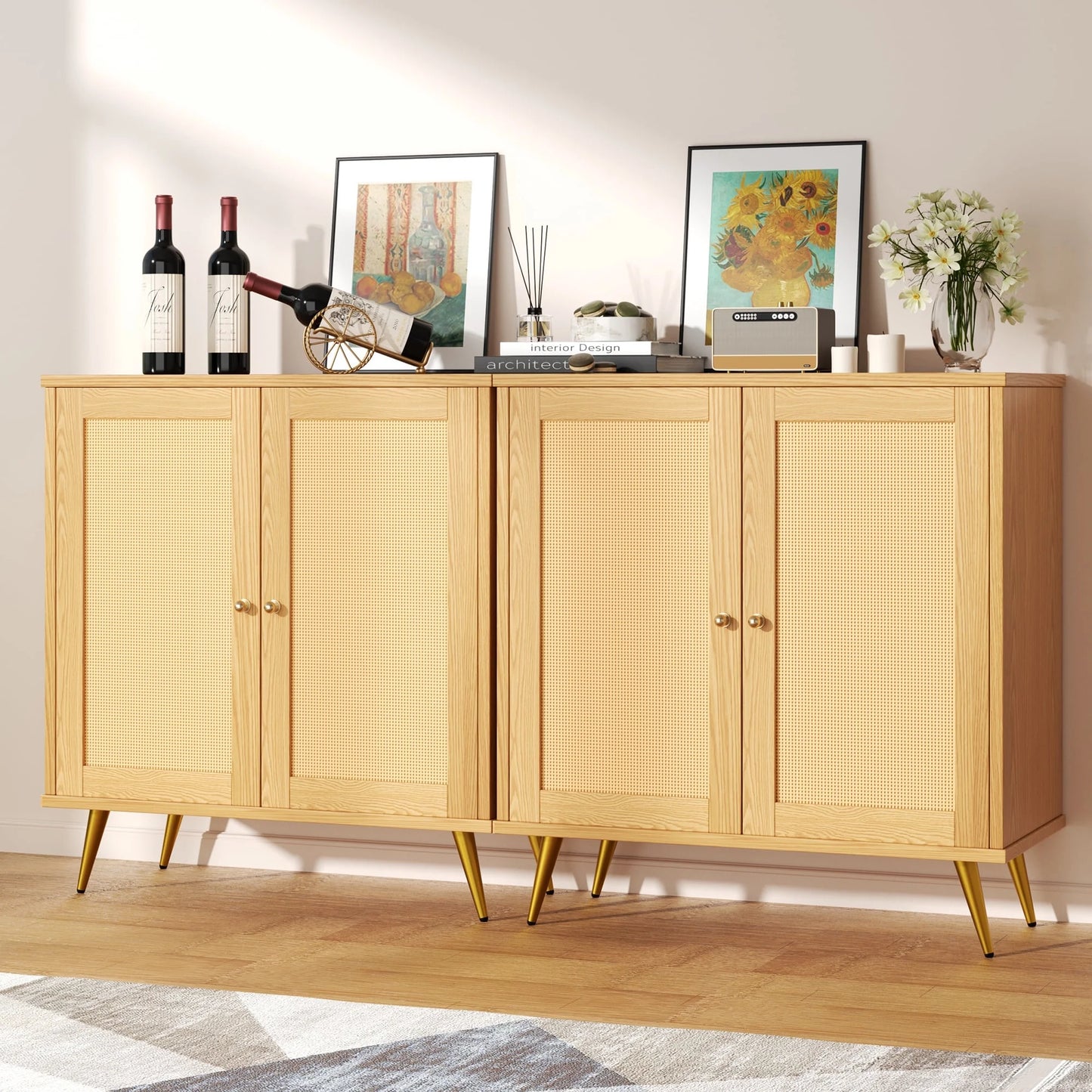 Walsunny Sideboard Buffet Storage Cabinet,Kitchen Storage Cabinet with 2 Rattan Decorated Doors, Accent Cabinet Sideboard Cabinet for Dining Room, Living Room, Entryway, Hallway, Natural