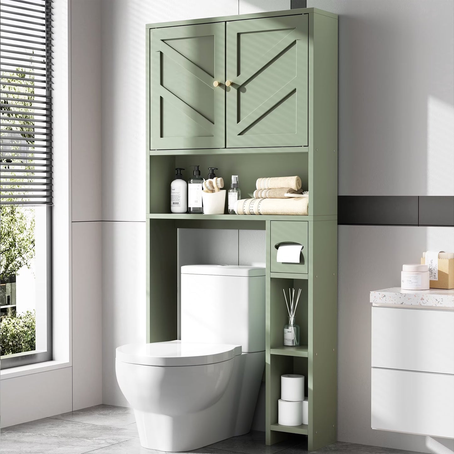 Walsunny Over The Toilet Storage Cabinet,Bathroom Adjustable Shelf Organizer with Open Bottom Bar and Anti-Tip Device White