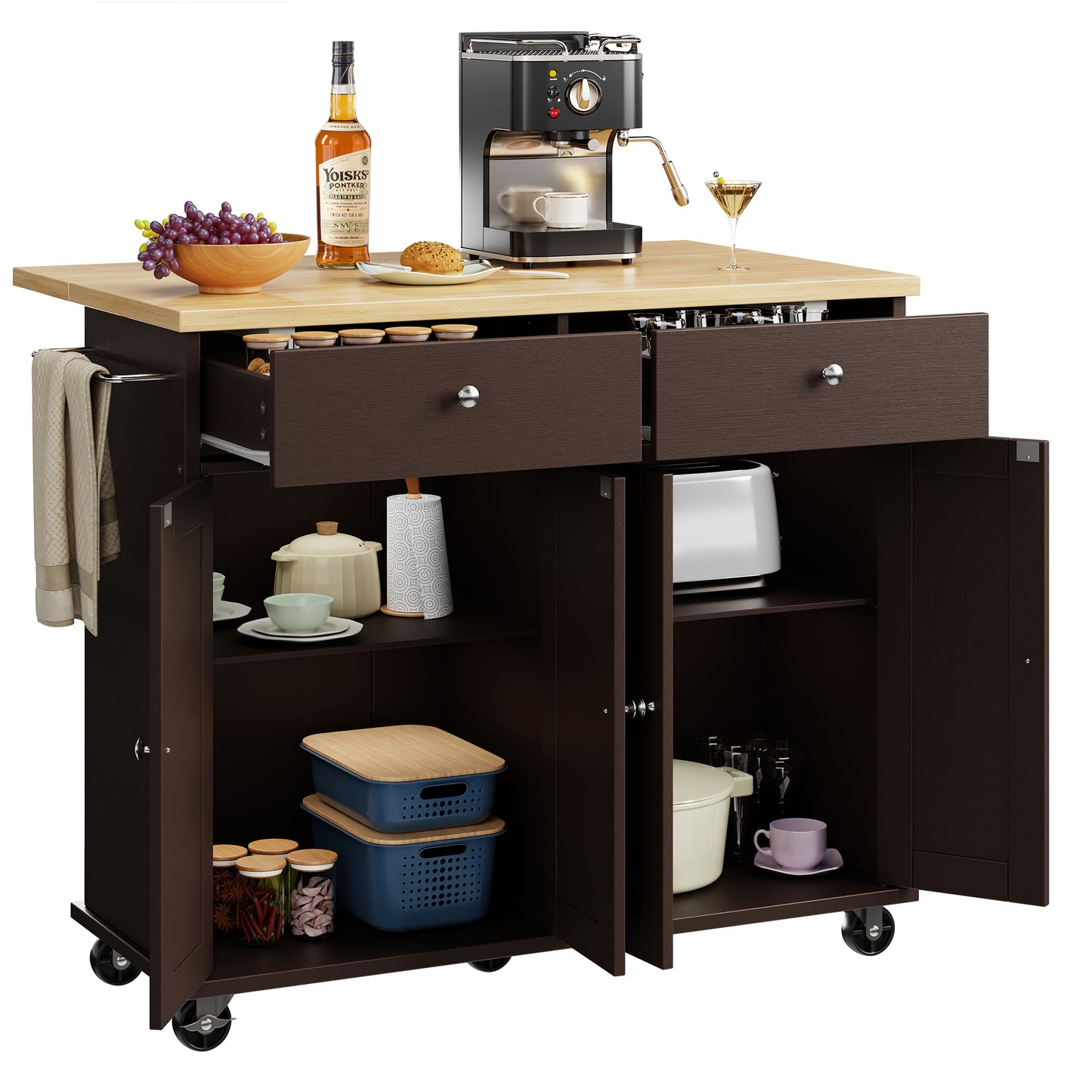 Walsunny Kitchen Islands Carts with Drop Leaf Table 2 Drawers 5 Wheels 4 Magnetic Doors Rolling Storage Cabinet