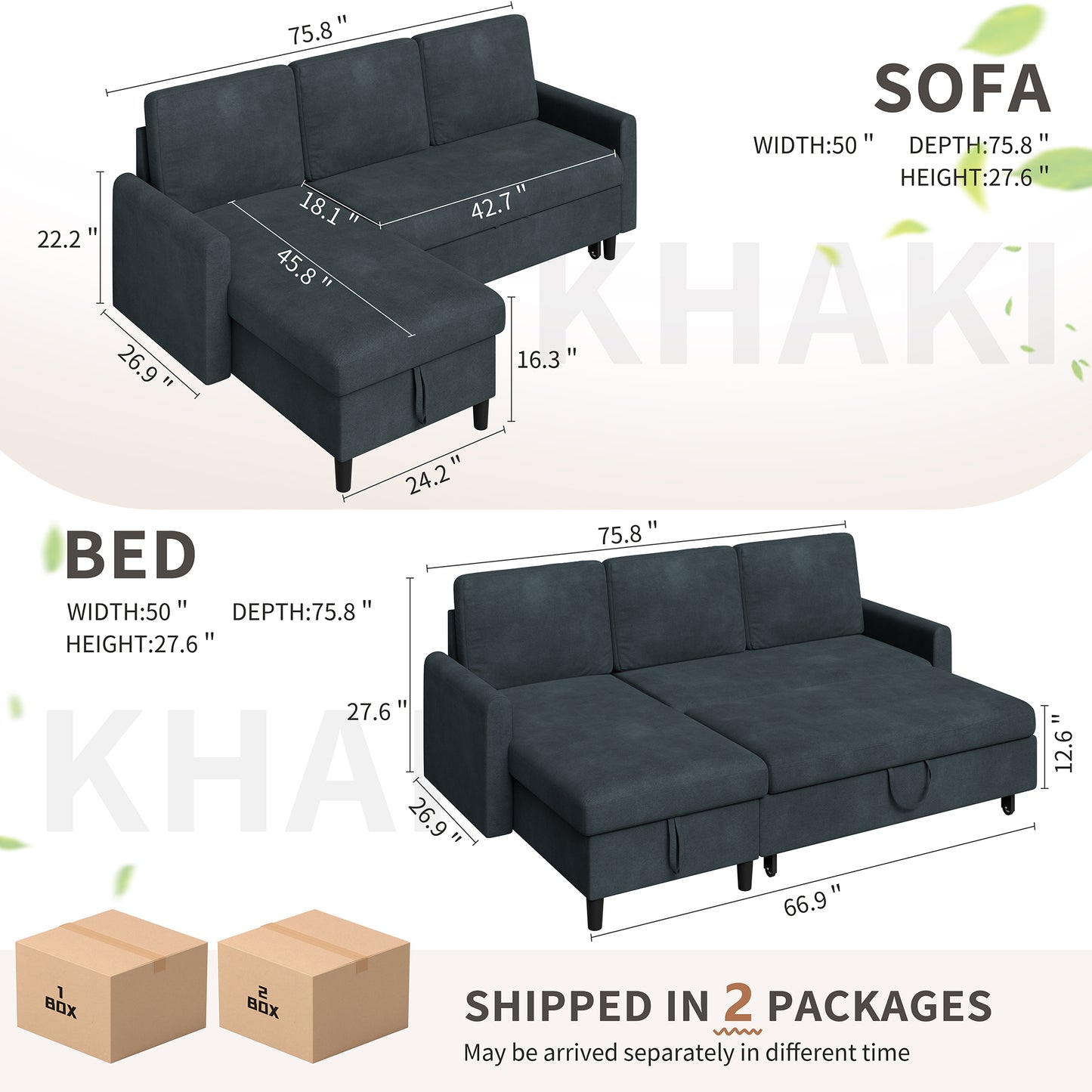 Walsunny Sectional Sofa Couch Bed Storage Chaise Sleeper Pull Out Sofa Couch for Living Room Deep Gray