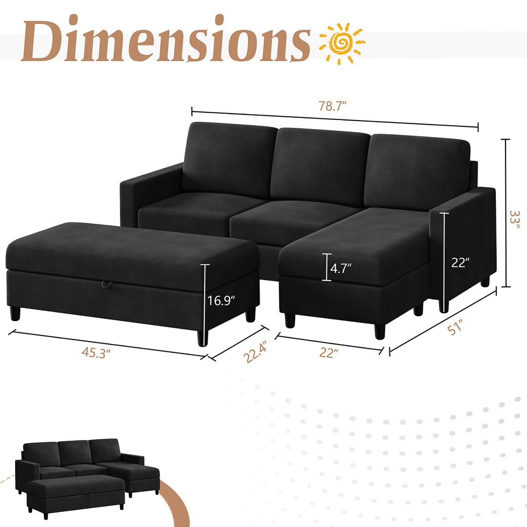 Walsunny Sectional Sofa With Long Storage Ottoman For Small Apartment#color_black