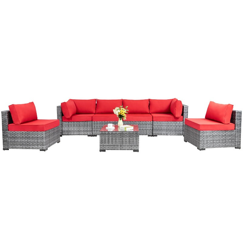 Walsunny Patio Furniture 7 Pieces Outdoor Sectional Sofa Set, Silver Wicker#color_red
