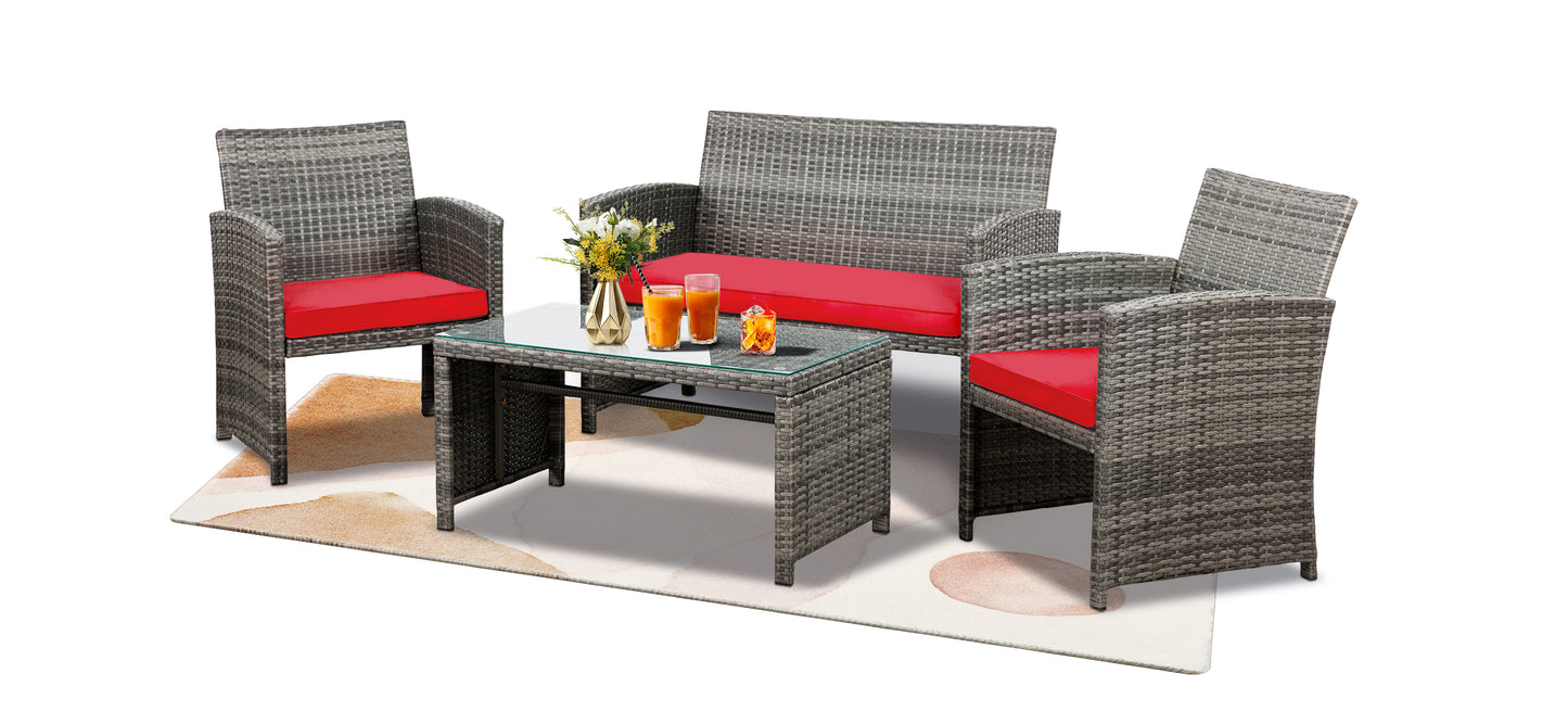 Walsunny 4 Piece Patio Furniture Set, Outdoor Furniture Set Patio Wicker Conversation Set with Cushions and Tempered Glass Tabletop for Lawn Backyard Pool Garden