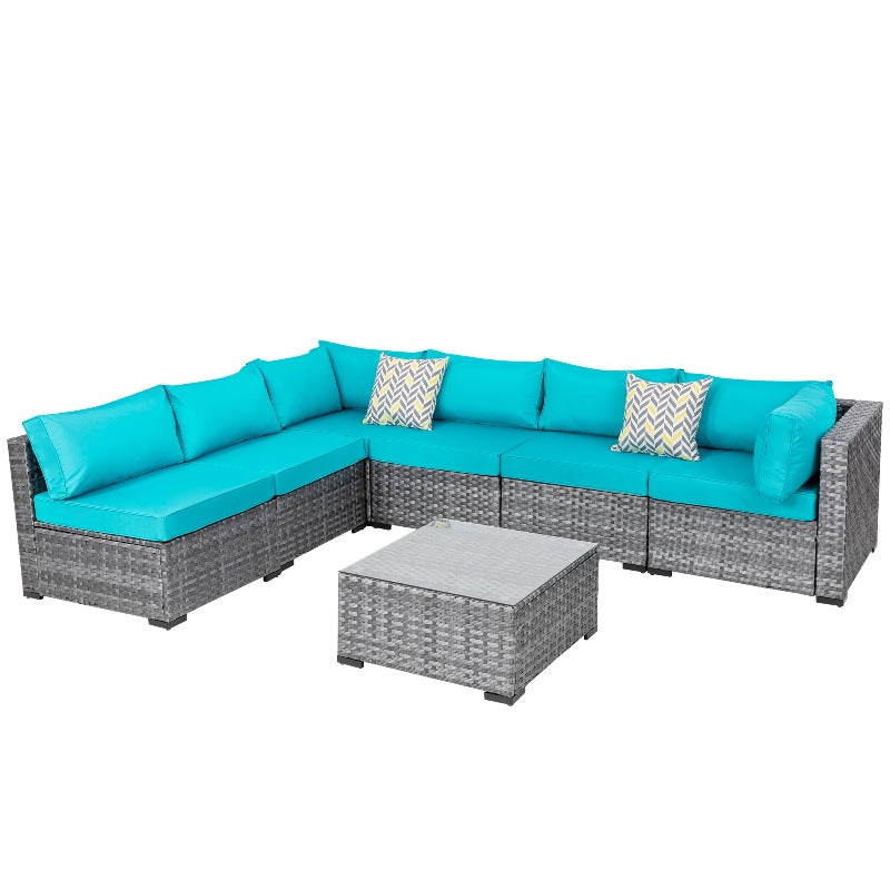 Walsunny Patio Furniture 7 Pieces Outdoor Sectional Sofa Set, Silver Wicker#color_blue