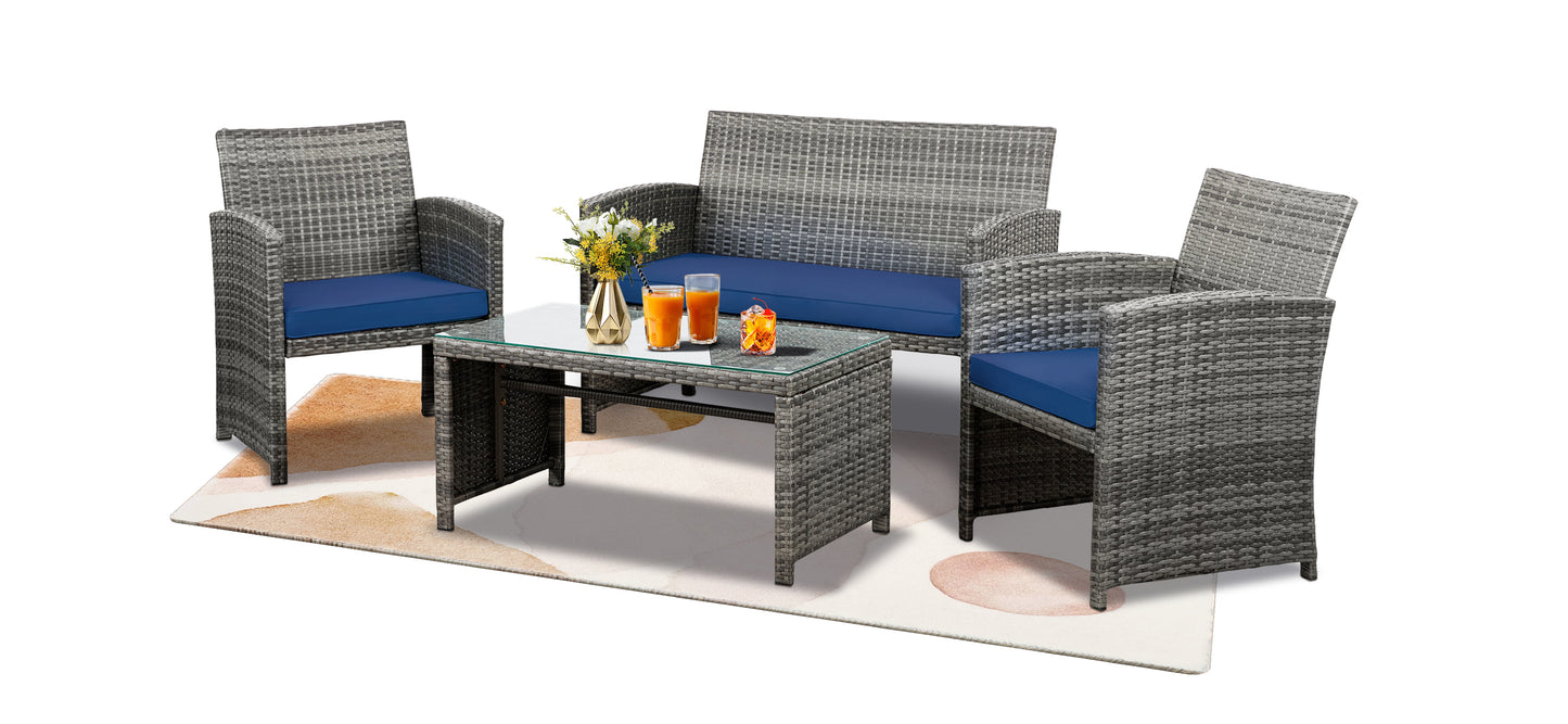 Walsunny 4 Piece Patio Furniture Set, Outdoor Furniture Set Patio Wicker Conversation Set with Cushions and Tempered Glass Tabletop for Lawn Backyard Pool Garden