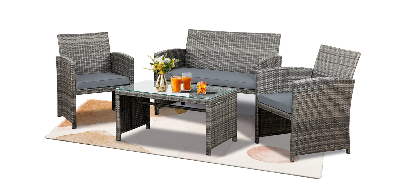 Walsunny 4 Piece Patio Furniture Set, Outdoor Furniture Set Patio Wicker Conversation Set with Cushions and Tempered Glass Tabletop for Lawn Backyard Pool Garden