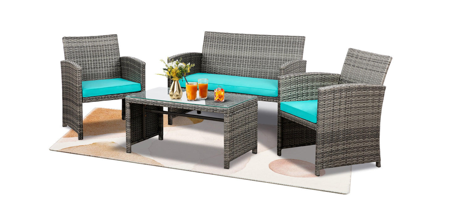 Walsunny 4 Piece Patio Furniture Set, Outdoor Furniture Set Patio Wicker Conversation Set with Cushions and Tempered Glass Tabletop for Lawn Backyard Pool Garden