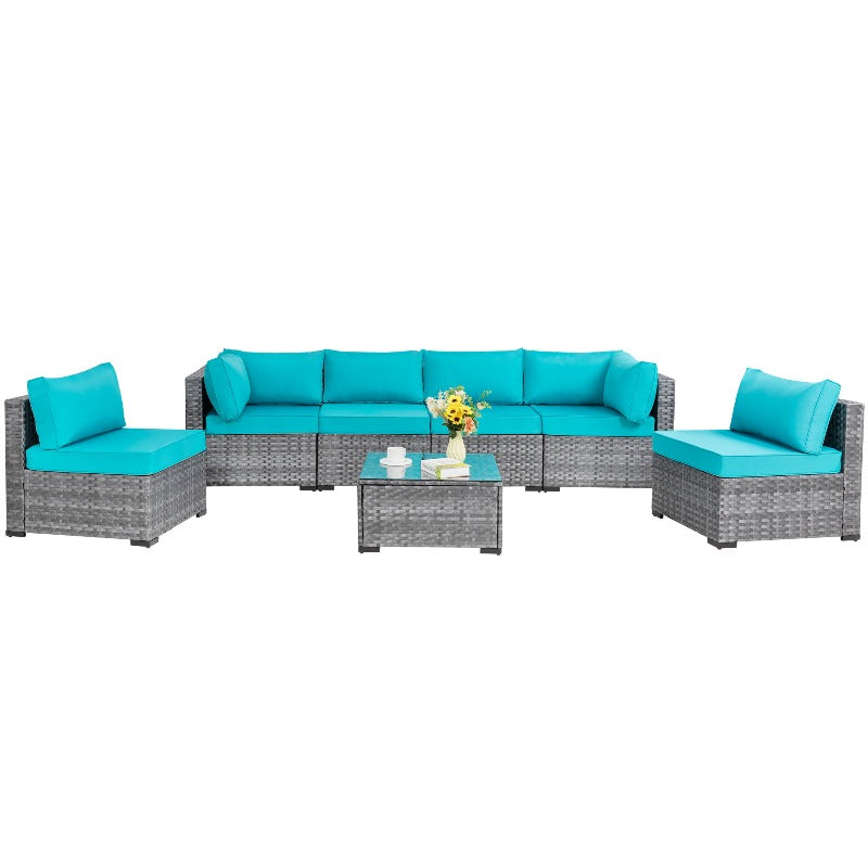 Walsunny Patio Furniture 7 Pieces Outdoor Sectional Sofa Set, Silver Wicker#color_blue