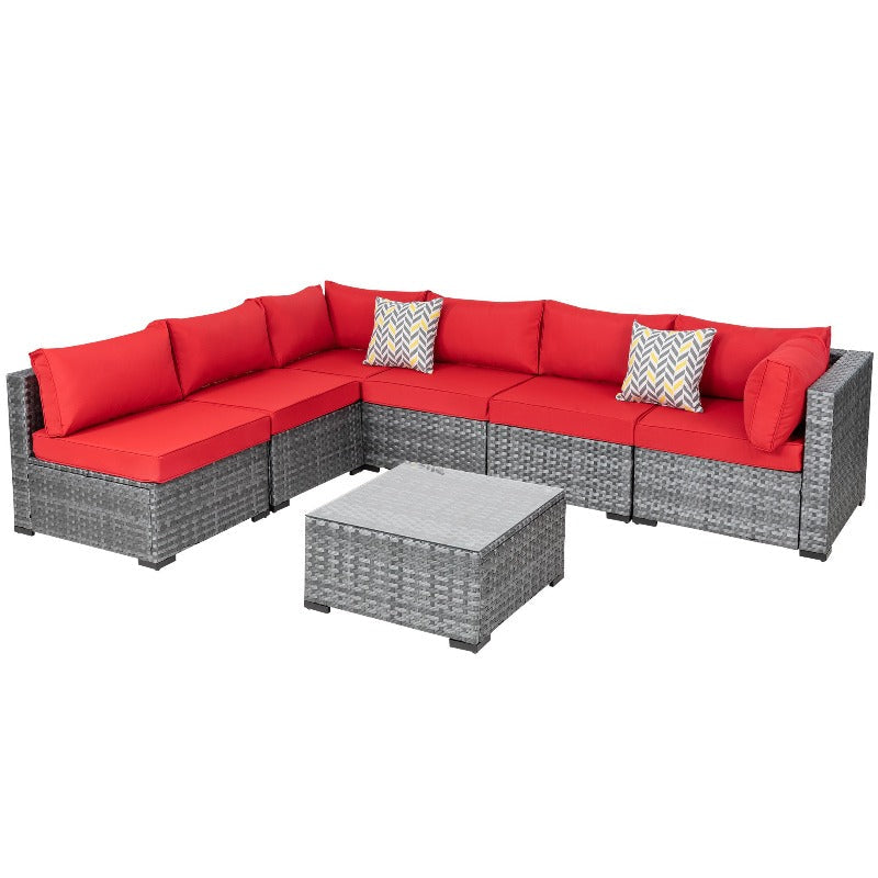 Walsunny Patio Furniture 7 Pieces Outdoor Sectional Sofa Set, Silver Wicker#color_red