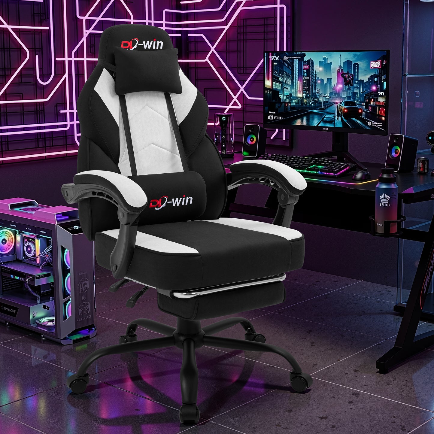 Walsunny Ergonomic Gaming Chair, Office Chair with High Back and Lumber Support, Swivel Racing Chair with Adjustable Pillows & Footrest