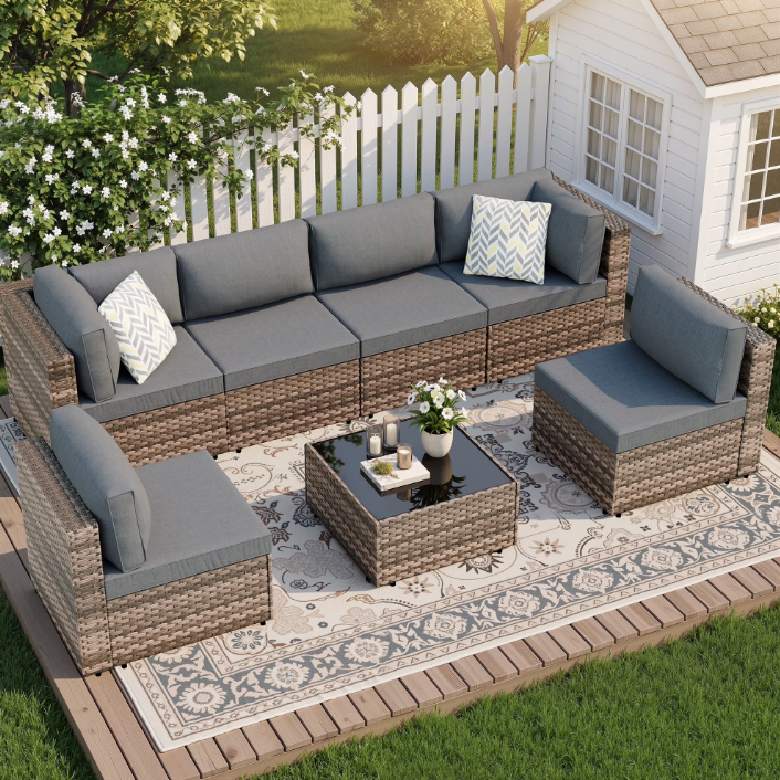 Walsunny 7 Piece Outdoor Patio Conversation Set, Rattan Sectional Sofa Set, All-Weather Outdoor Modern Sectional Furniture Wicker Couch with Glass Coffee Table