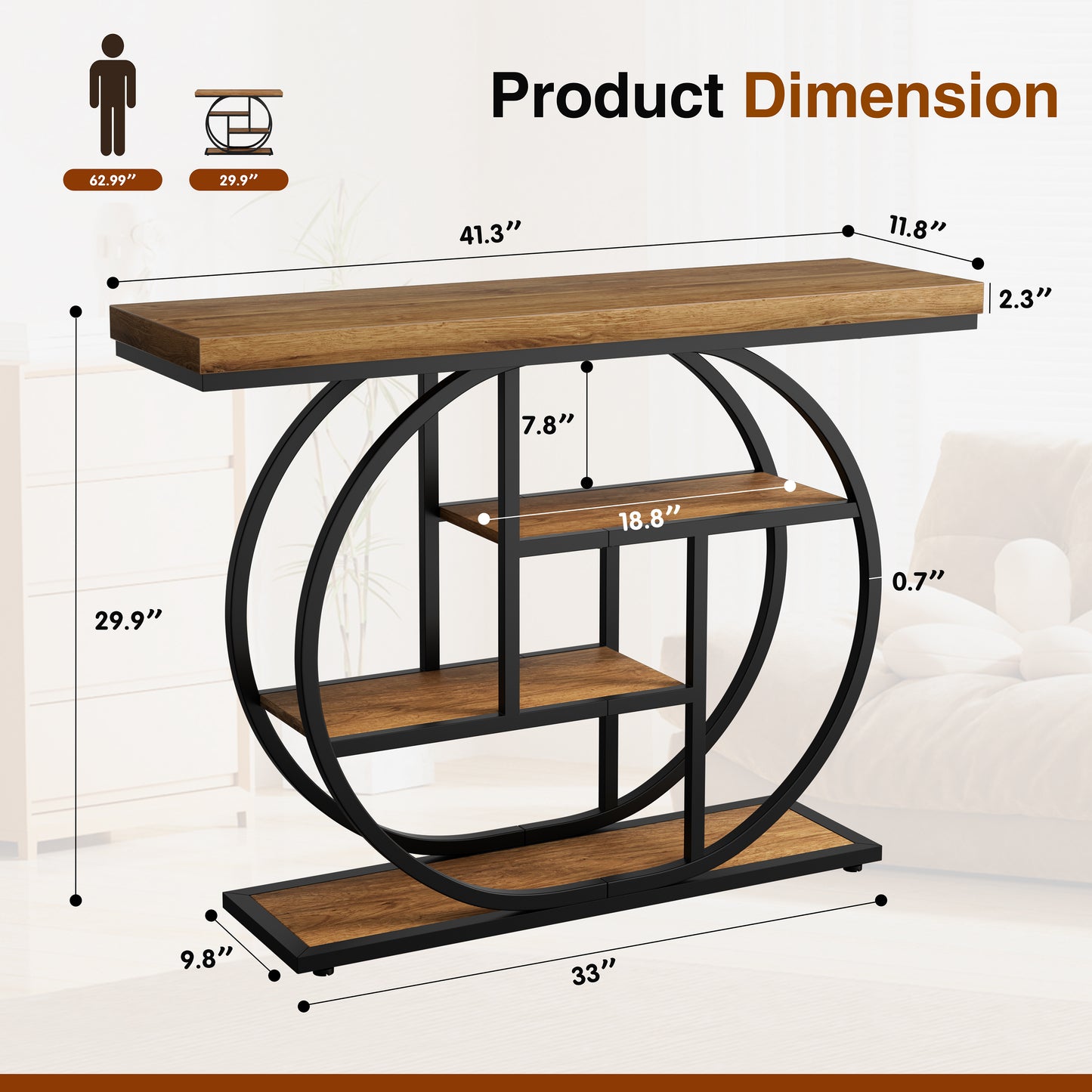 Walsunny Industrial 4-Tier Console Table, Entryway End Table with Circular Metal Frame, Narrow Wood Side Table with Storage Shelves for Living Room, Bedroom