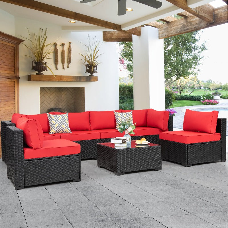 Walsunny Patio Furniture 7 Pieces Outdoor Sectional Sofa Set, Black Wicker#color_red